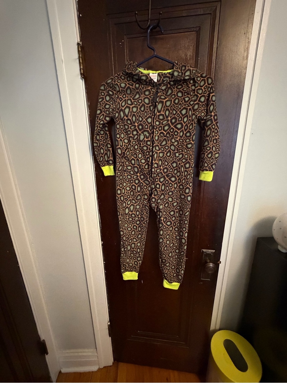 Kids Brown dinosaur Hooded One-Piece with Neon Trim pj